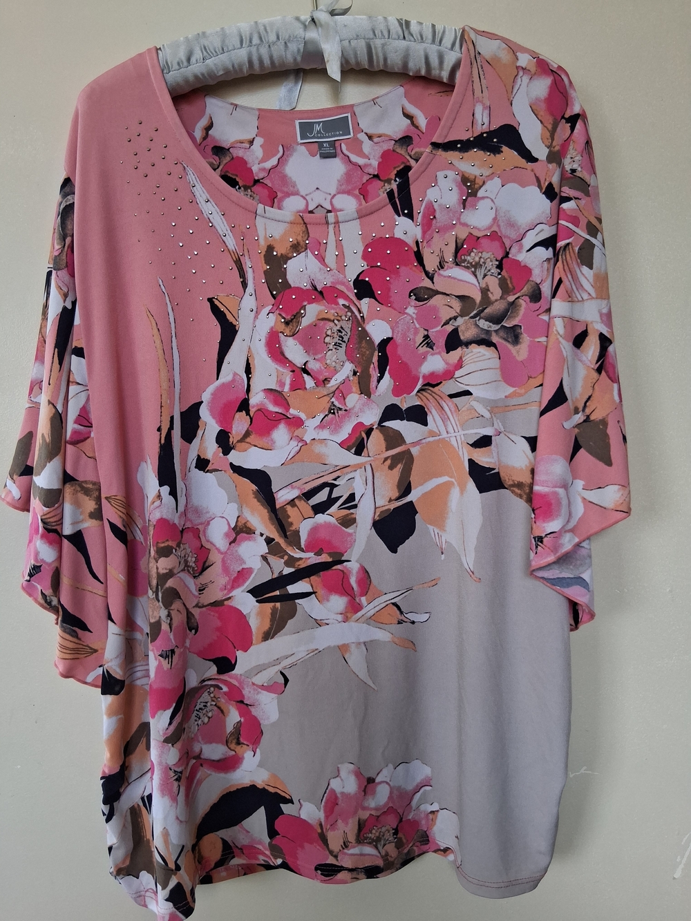 JM Collection Pink Floral Rhinestone Dolman Sleeve Top